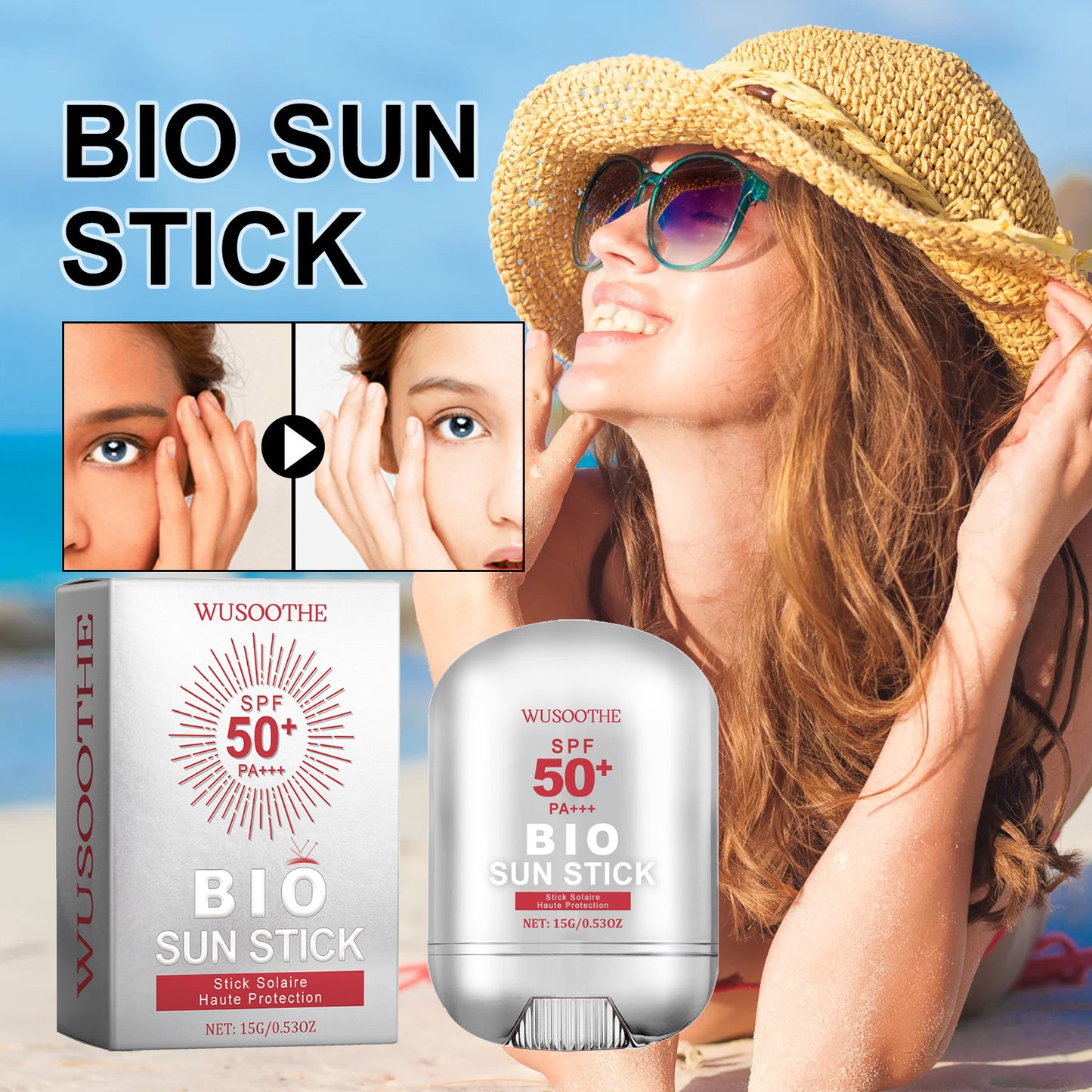 WUSOOTHE Bio Sun Stick 15g - Advanced Protection With Peptide Complex, Collagen And Hyaluronic Acid SPF50,PortableStrong UVProtection Sunscreen Stick