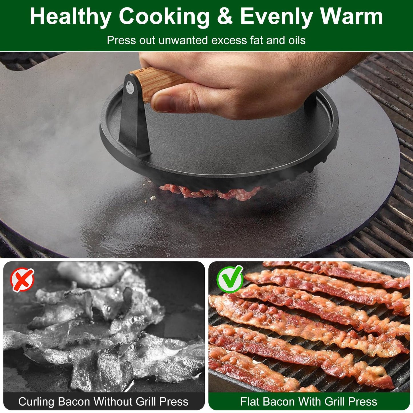 2Pcs Cast Iron Grill-1Pc Rectangular & 1Pc Round Press Pre-Seasoned Steak Weights Smash Burger Press Bacon Meat Smasher With Wood Handle 7in Round & 8.2x4.25in Rectangular Grill Press