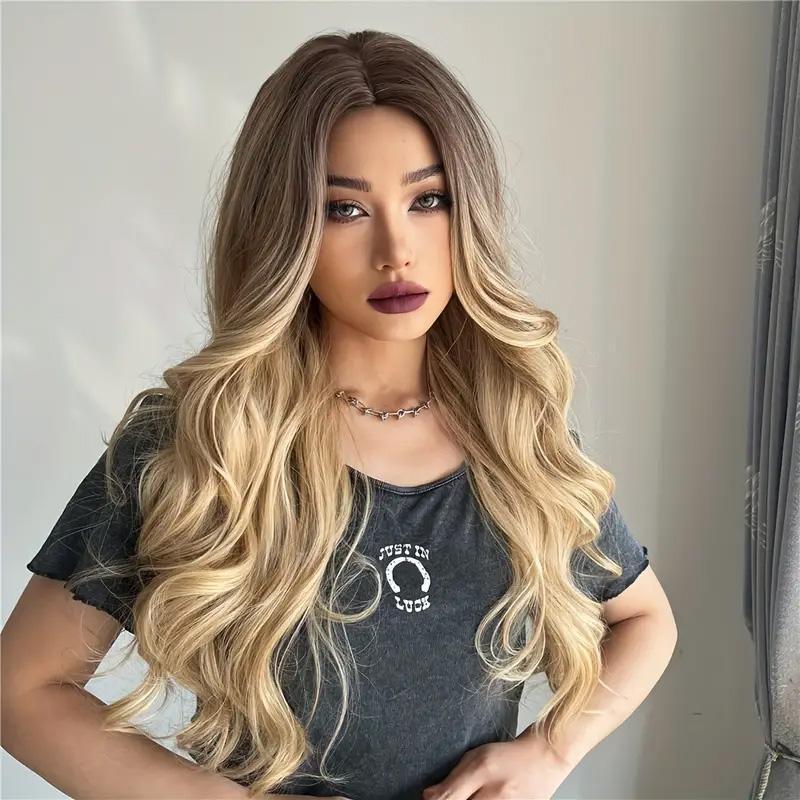26 inch long ash blonde wig with bangs, natural wavy hair - perfect for everyday wear, middle part style bald women hair loss women