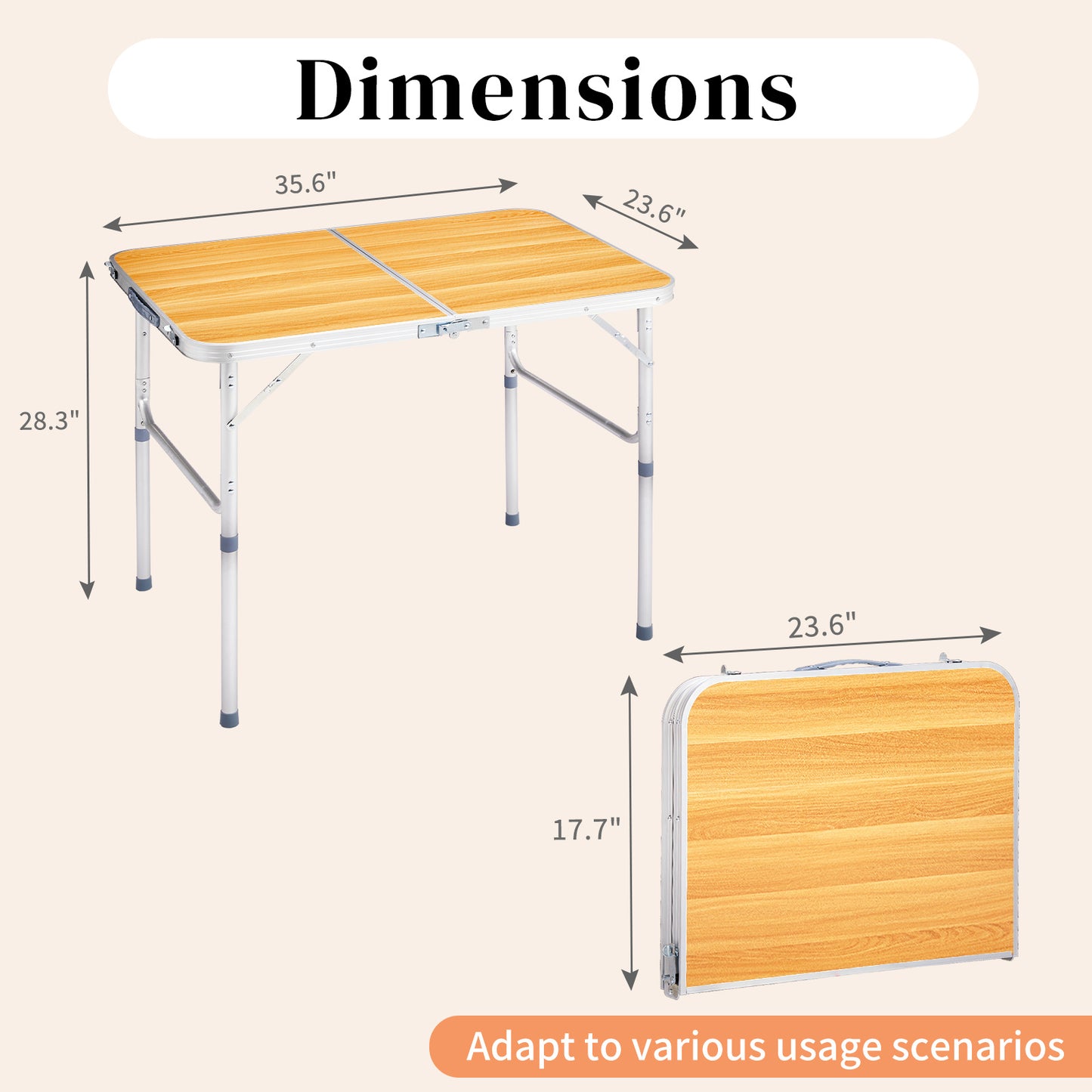 3ft Wood Grain Outdoor Folding Table Aluminum Alloy Rectangular 50kg Two Fold Tabletop