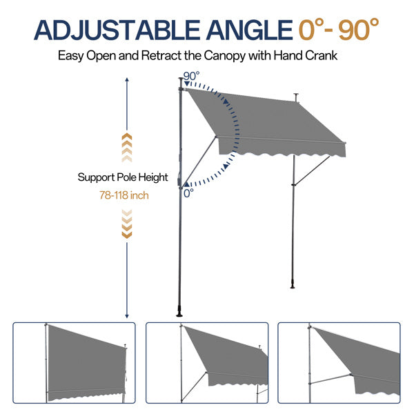 200x120x200-300cm Grey, Support Canopy, Polyester Fabric, Aluminum-iron Frame, Retractable