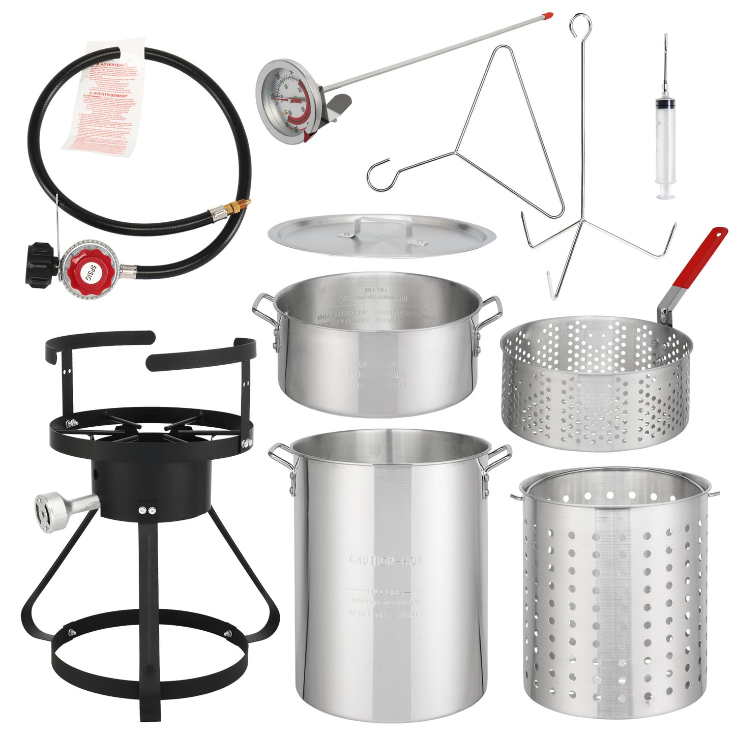 30QT Turkey Pot, 10QT Fish Pot, Four Piece Set, Black Circular Iron Frame, Silver Aluminum Pot, Gas Fryer