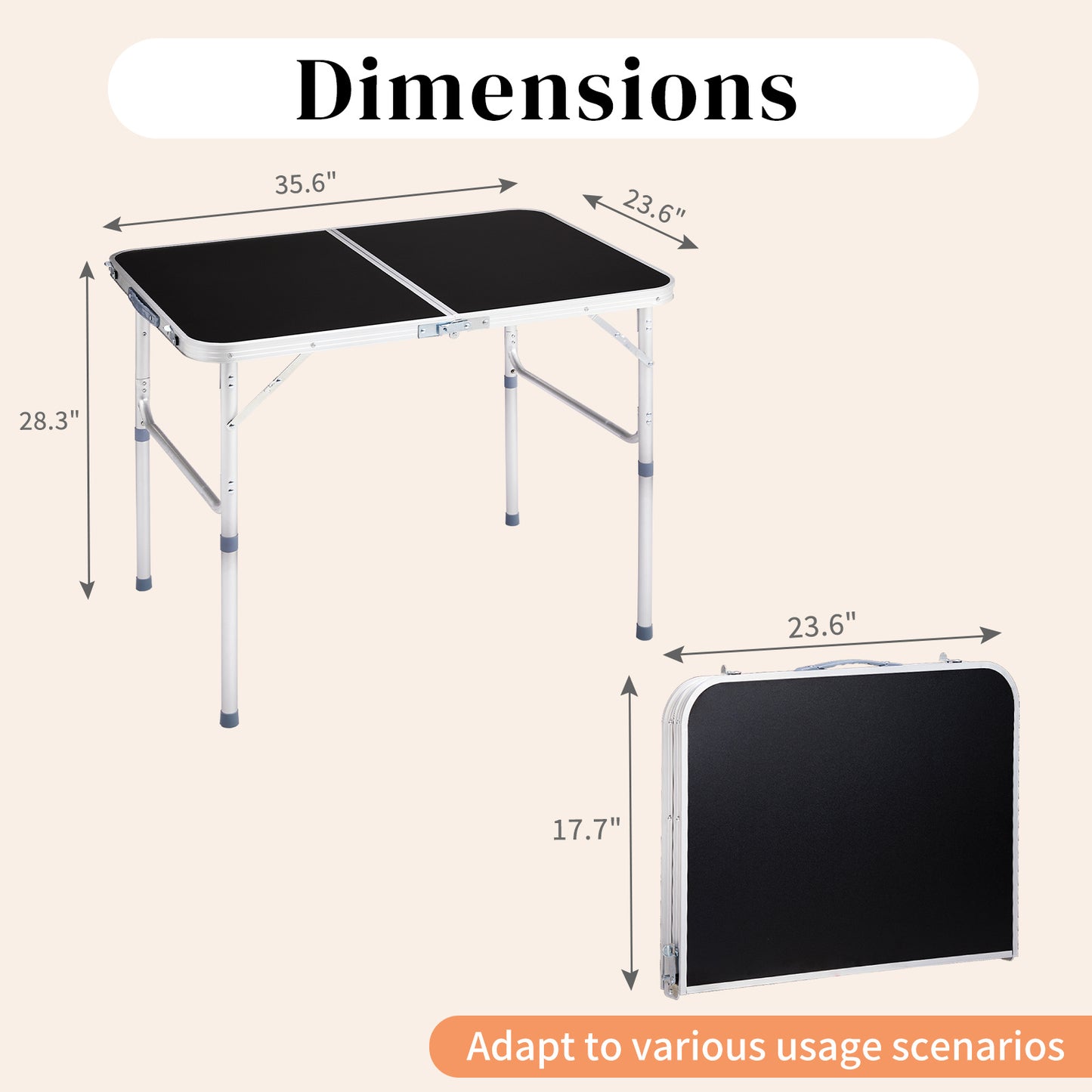 3ft Black Outdoor Folding Table Aluminum Alloy Rectangular 50kg Two Fold Tabletop