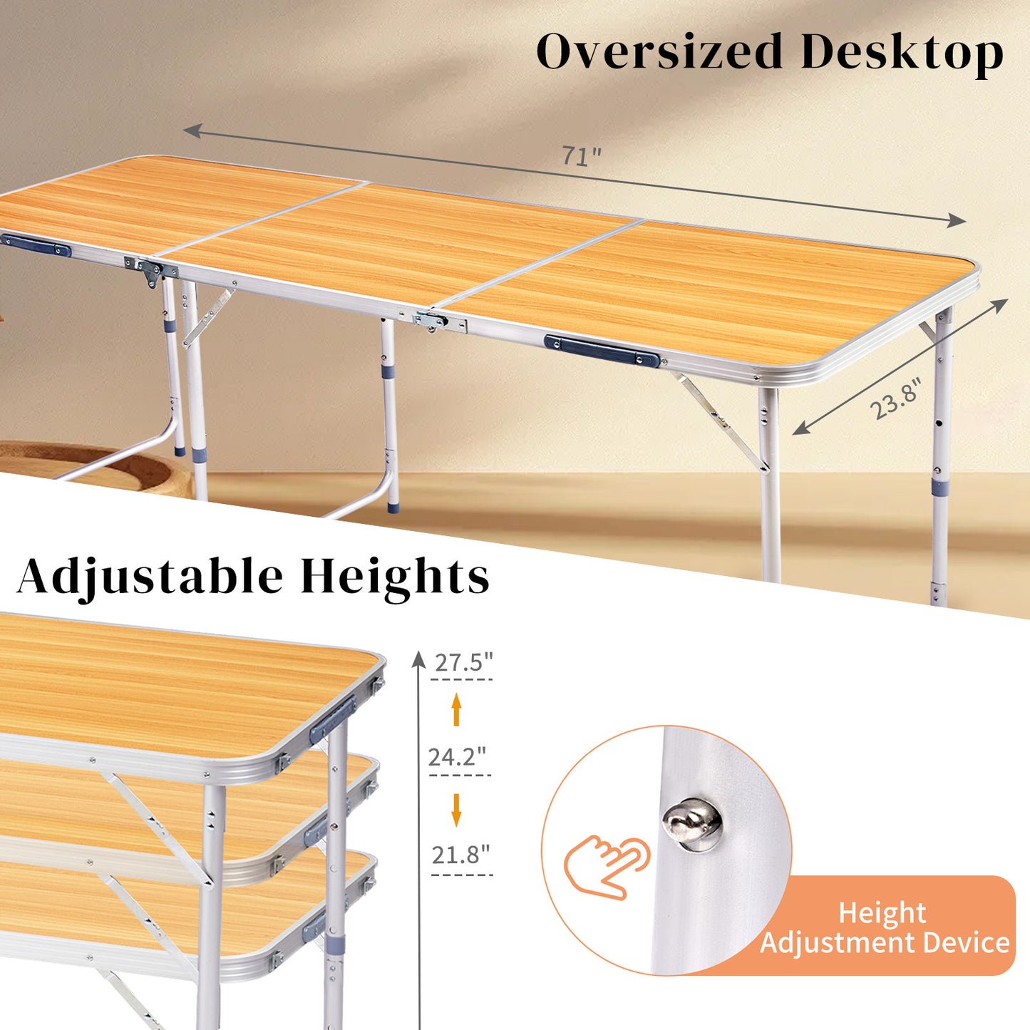 6ft Wood Grain Outdoor Folding Table Aluminum Alloy Rectangular 50kg Tri-fold Tabletop