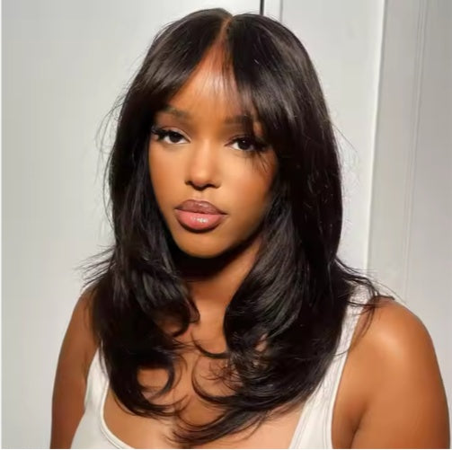 Wholesale Pre Cut Lace Wavy Layer Cut Glueless Wig With Curtain Bangs Human Hair Wig For Black Women