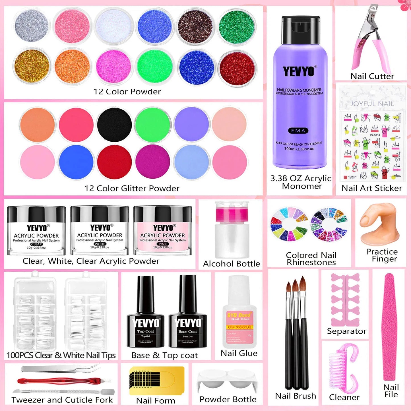 Acrylic Nail Kit, Nail Kit For Beginners With Everything, 24 Colors Glitter Acrylic Powder And Liquid Monomer Set, 200 Pcs Nail Tips, 3 Pcs Acrylic Nail Brush For Home DIY Extension Nail Salon