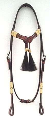 Western Horse Headstall Pony Size – Adjustable Hand Braided Genuine Leather Bridle with Brown Rawhide Knotting Futurity Knot Black Color Hair Tassels, Western Riding Tack, Dark Brown (Pony Size)