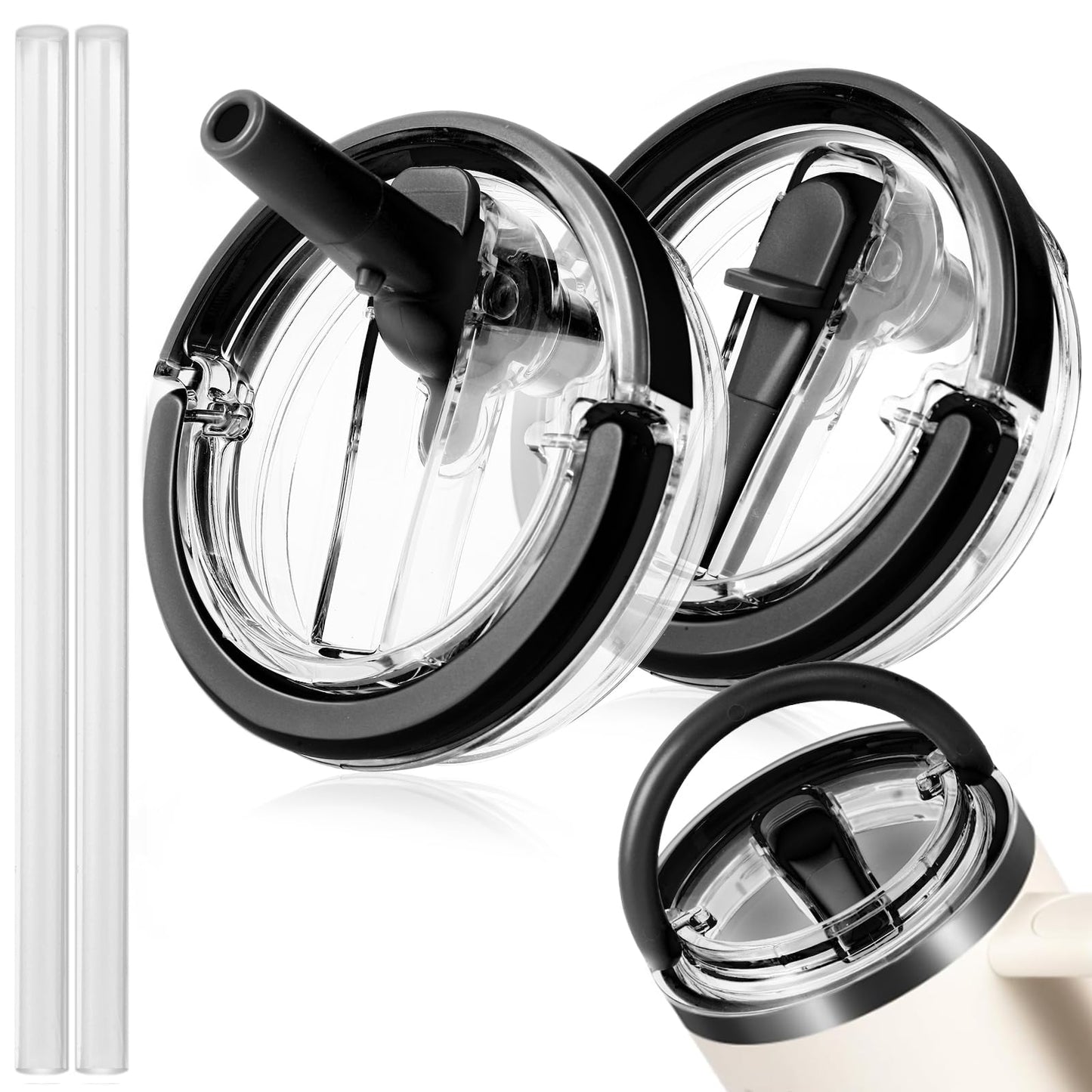 Stanley 40 oz Tumbler Flip Straw Lid Replacement with Top Handle Compatible with Stanley Cup 40oz Quencher Tumbler Leak-Proof No Spill Reusable Tumbler Lids with 2 Pc Straw Included (Black 2 Pack)