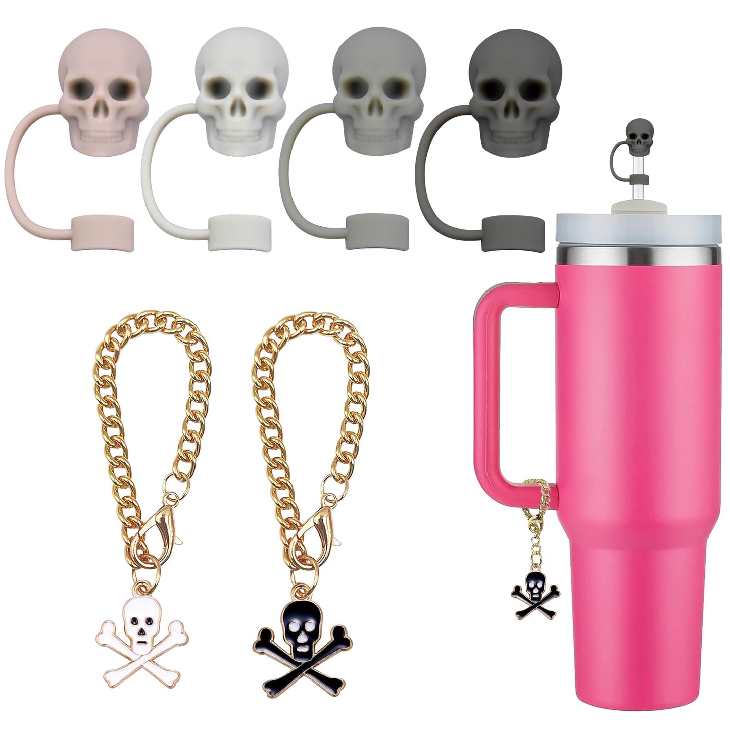 スカルストローカバースタンド付き ハロウィン ストローキャップ 10mm スタンレーカップ用 スタンレーカップアクセサリー (4キャップ + 2チェーン)