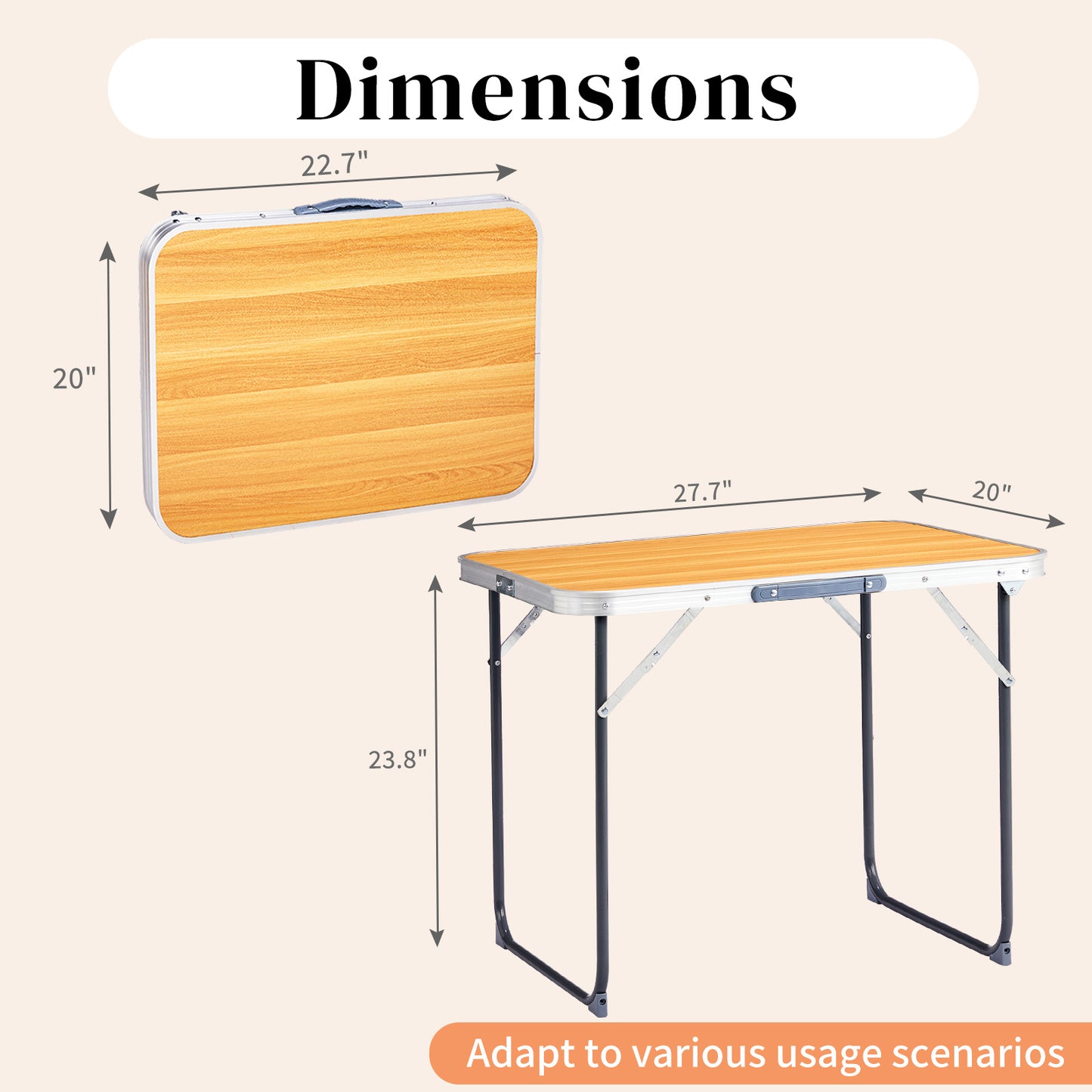 2.3ft Wood Grain Outdoor Folding Table Aluminum Alloy Rectangular 50kg Folding Tabletop