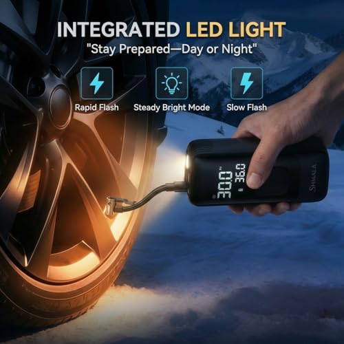 Tire Inflator Portable Air Compressor โ Cordless Air Compressor with Digital Gauge, LED Light, Power Bank & Auto-Shutoff Tire Air Pump for Car, Motorcycle & Bicycle Tires
