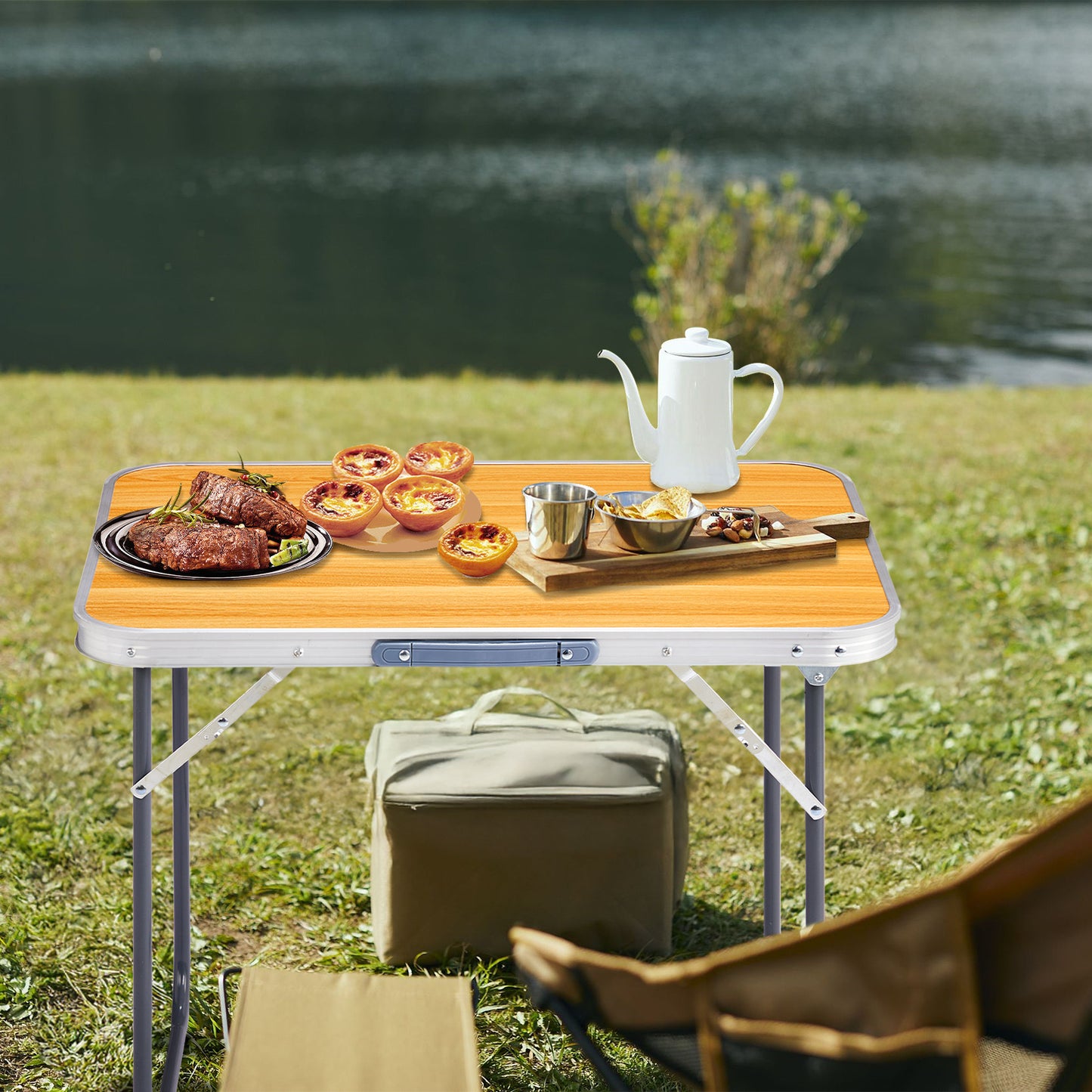 2.3ft Wood Grain Outdoor Folding Table Aluminum Alloy Rectangular 50kg Folding Tabletop
