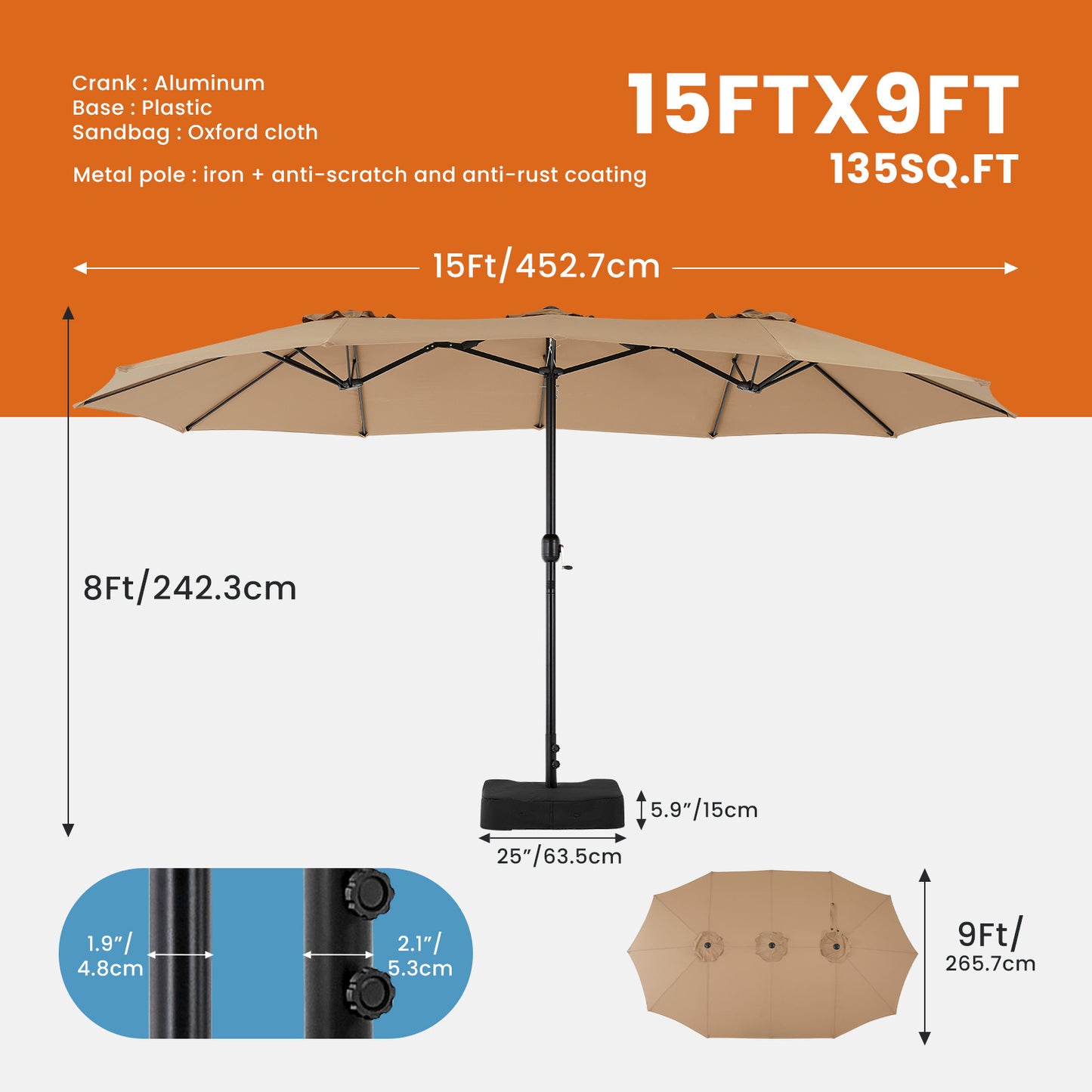 15ft Large Patio Umbrella With Base Included, Rectangle Table Umbrella Outdoor Patio, Outside Umbrellas For Deck, Market, Backyard