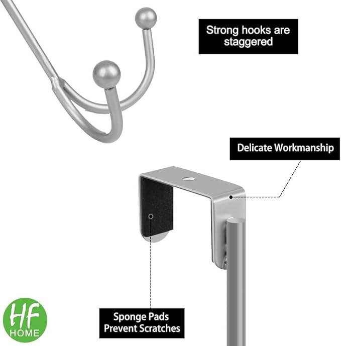 HFHOME 4Packs Over The Door Double Hanger Hooks, Metal Twin Hooks Organizer for Hanging Coats, Hats, Robes, Towels- Silver