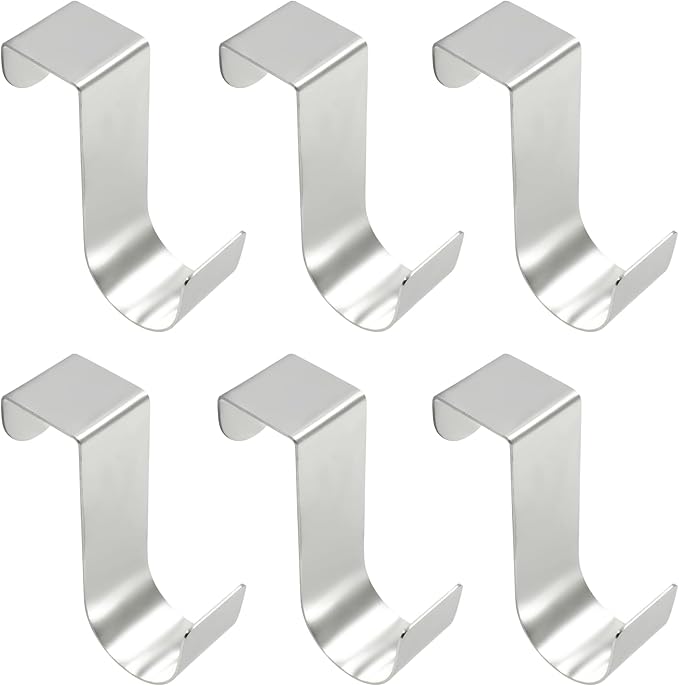 6 Pack Over The Cabinet Door Hook, Metal Single Over Door Hooks Hanger Hook for Hanging Stocking Clothes Towels (Silver)