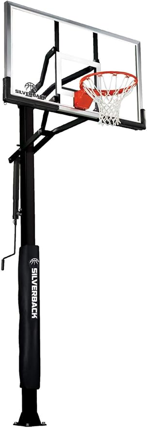 Silverback Height Adjustable In-Ground Basketball Hoop with Tempered Glass Backboard, Pro-Style Breakaway Rim & Backboard Pad