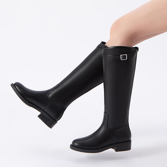 Athlefit Women's Knee High Riding Boots Round Toe Low Heel Tall Boots Pull On Long Booties with Buckle