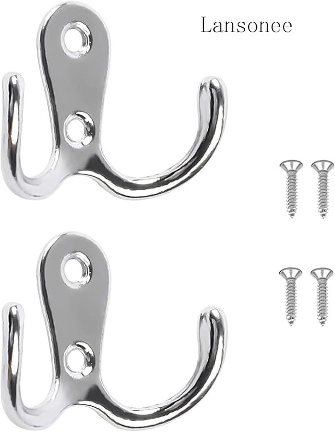 2 Pcs Double Prong Robe Hooks, Dual Coat Hooks Wall Mounted Hanging Clothes for Bathroom Bedroom Door Wall Retro Metal Cloth Hanger Double Coat Hooks with 4 Screws (Sliver)