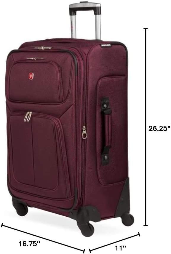 SwissGear Sion Softside Expandable Luggage – Medium Checked Suitcase with 360 Degree Wheels & Retractable Handle – 25 Inch, Perfect for 1-7 Night Trips – Merlot