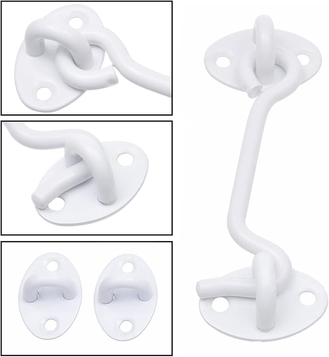 Eco-Fused 4-inch Heavy Duty Hook and Eye Latch - 2X Barn Door Lock (White), 8X Mounting Screws - Powder Coated Stainless Steel Hooks for Door, Windows, Sheds, Fences, Gates, Closets, Cabinets
