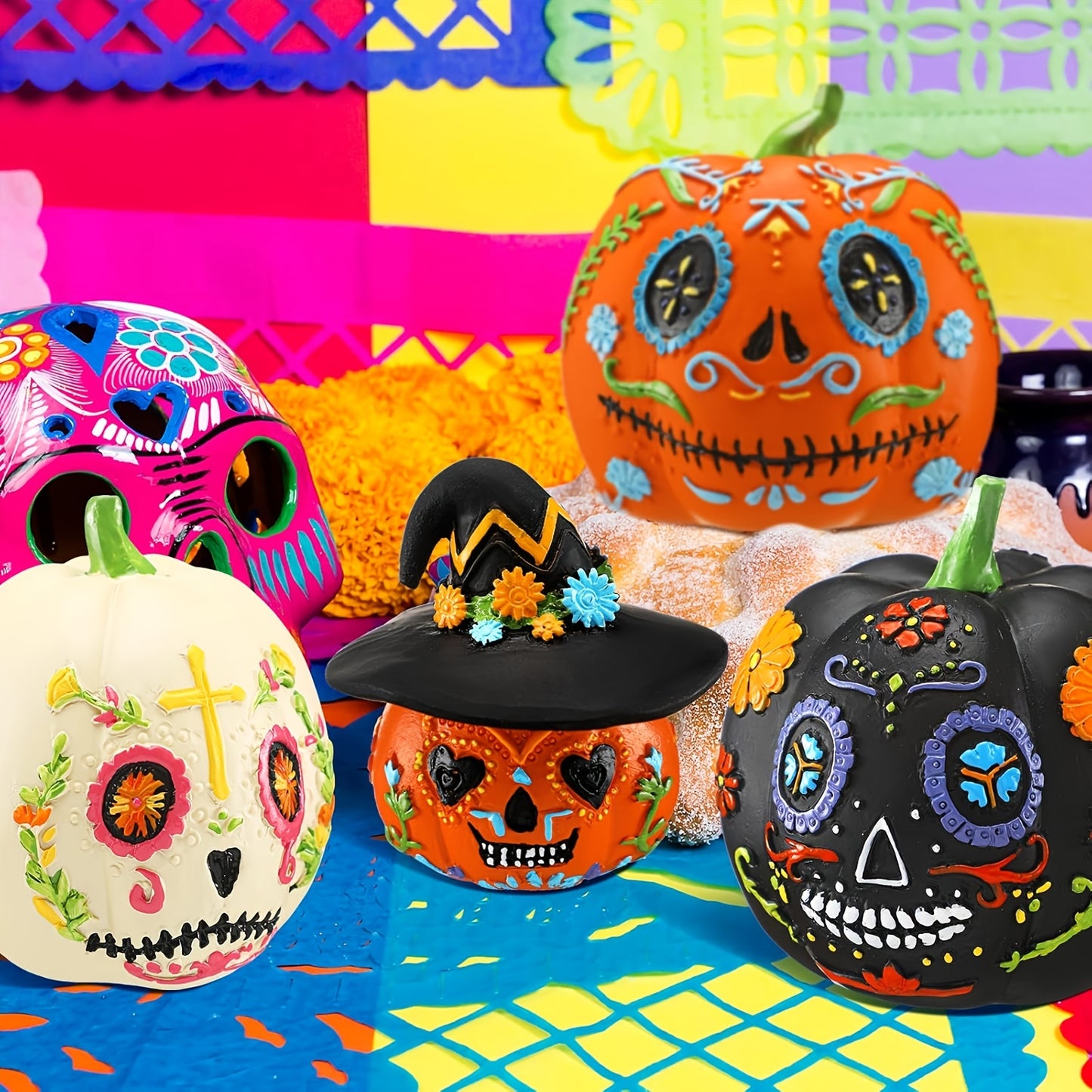 4pcs Halloween Decorations, Halloween Skull Pumpkin Statue Decorations, Pumpkin Halloween Decorations, Mexican Holiday Party Supplies