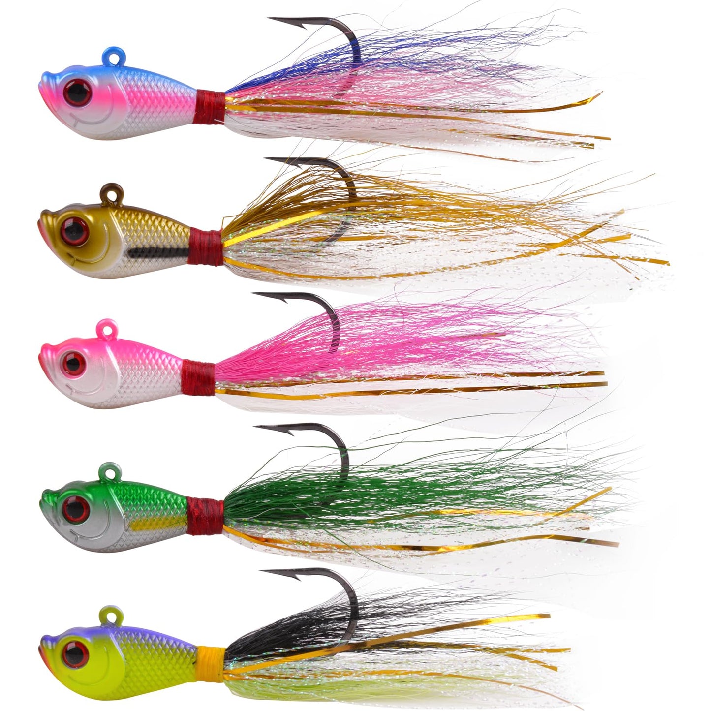 5pcs Bucktail Jigs Saltwater Fishing Lures Bucktail Fishing Jigs Surf Fishing Lure Swimbait Jig Heads Hook for Bass Walleye Flounder Striper 1/4oz