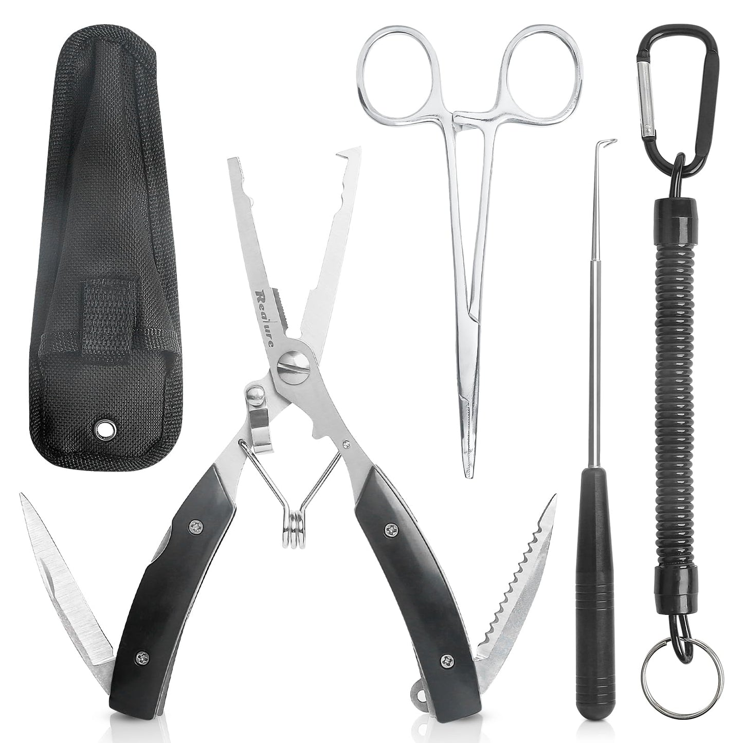 Realure Multi Saltwater Fishing Pliers Kit for Split Ring Line Cutter & Fish Hook Remover Fishing Tools Sets 420 Stainless Steel Gear Fishing Plyers with Forceps Lanyard & Sheath (Black)