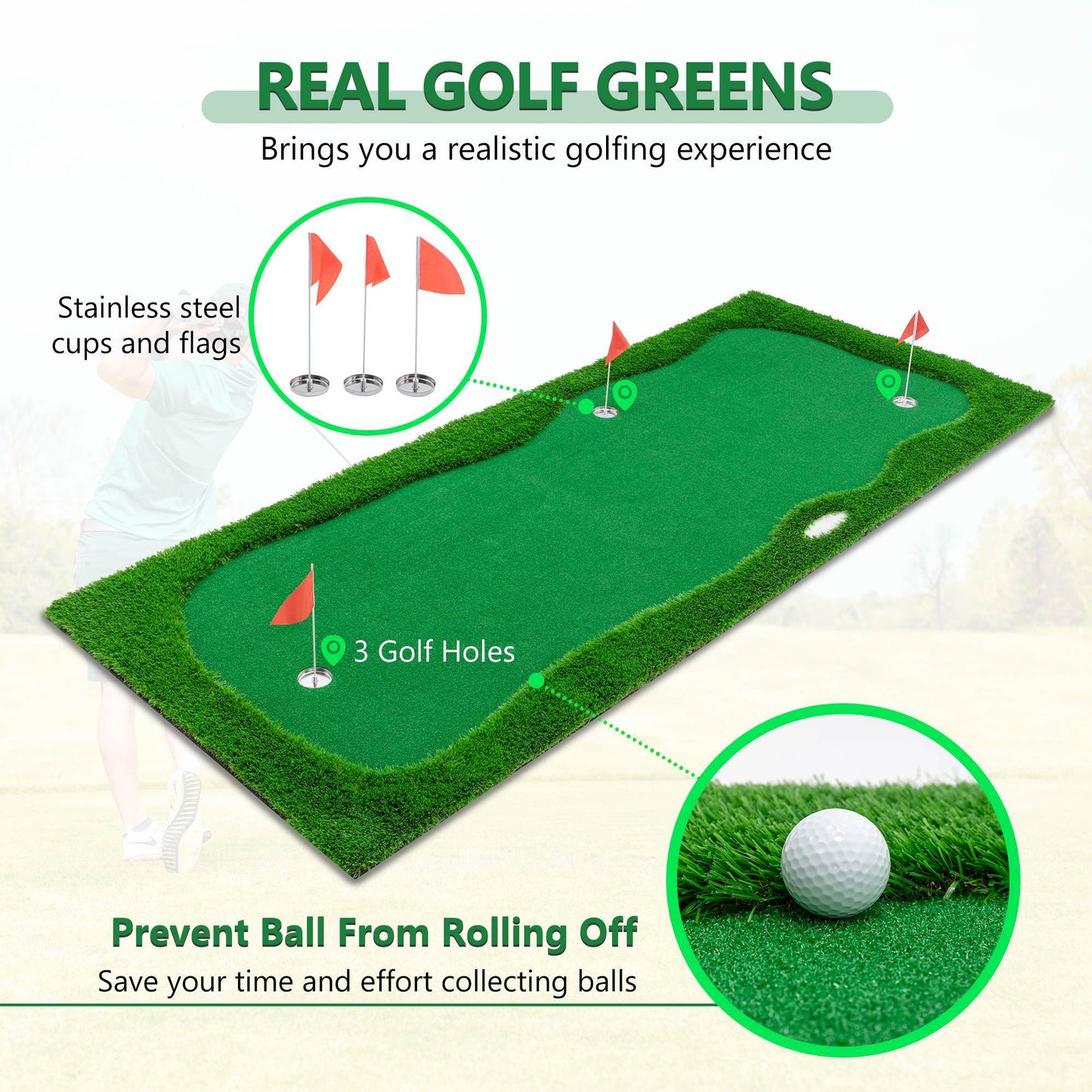 12x5 FT Golf Putting Green, Golf Training Mat With High-quality Turf, 3 Holes, 3 Flags And Cups For Indoor Outdoor