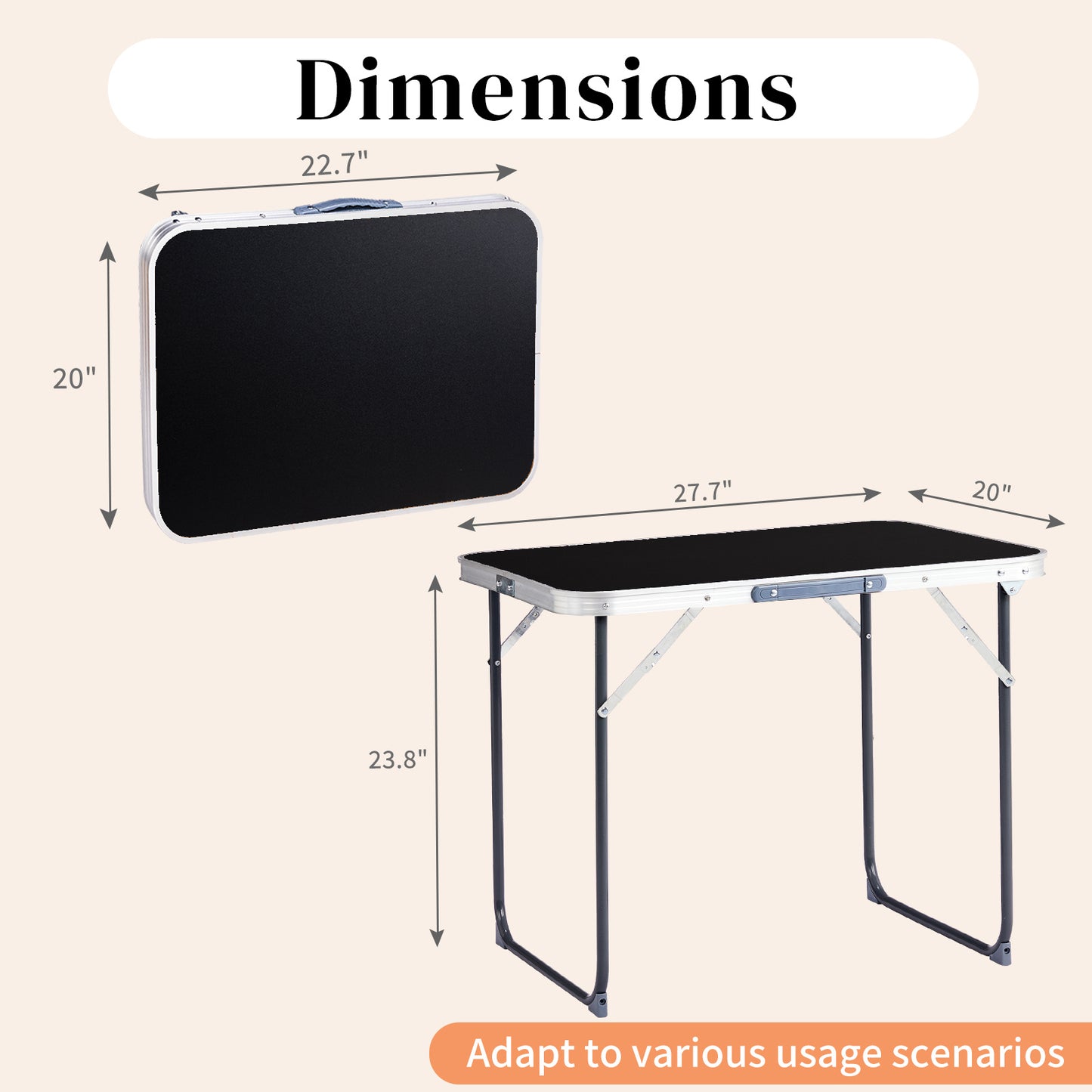 2.3ft Black Outdoor Folding Table Aluminum Alloy Rectangular 50kg Folding Tabletop