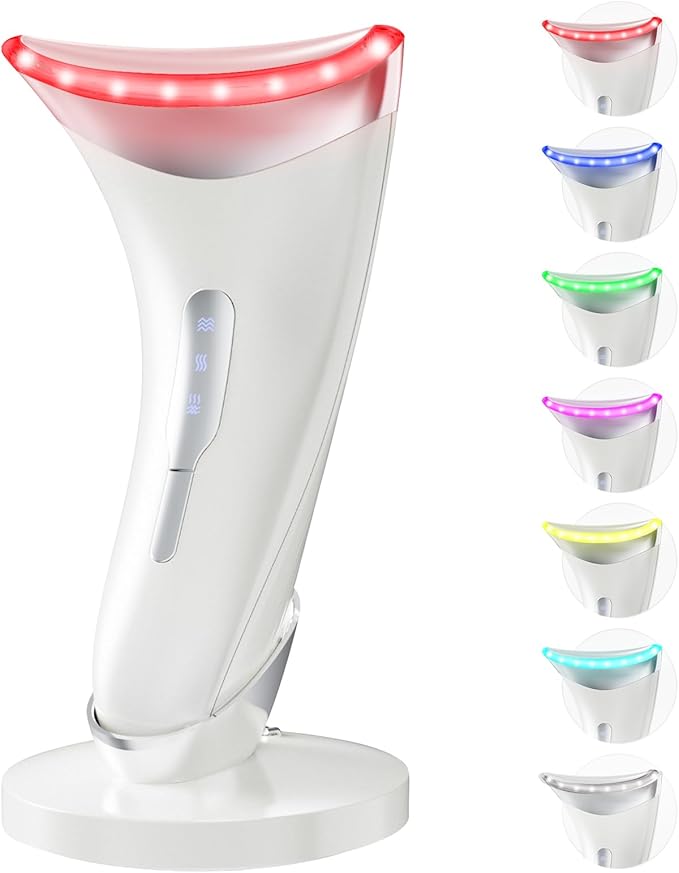 赤色光美顔器 首用、7色フェイシャルマッサージャー、振動・温熱調整可能、シワ・二重あご対応、台座付きポータブルスキンケアツール、ホワイト
