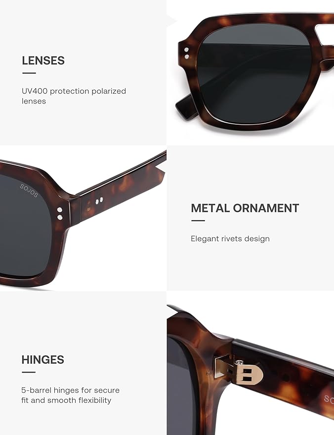 SOJOS Retro Thick Polarized Aviator Sunglasses for Women Men, Large Trendy Bold Square Pilot Shades SJ2385