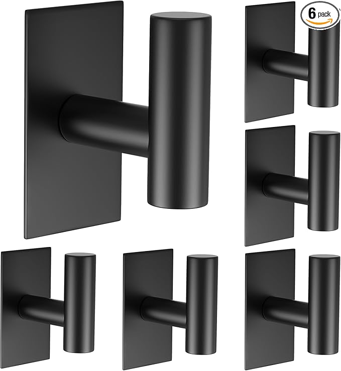 VAEHOLD Wall Towel Hooks, Heavy Duty Sticky Holder Waterproof Towel Hooks for Hanging Coat, Clothes, Closet Hook Wall Mount for Kitchen (Black, 6 Pack)