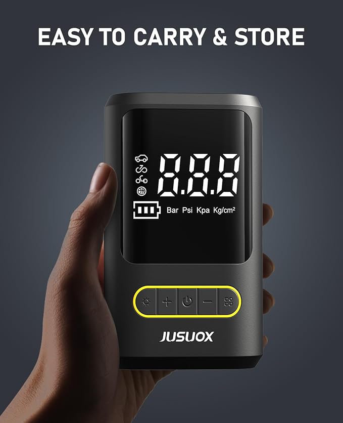 JUSUOX Tire Inflator Portable Air Compressor, Electric Bike Pump with Digital Pressure Gauge, 150 PSI Cordless Air Pump for Car Tires, Motorcycle, Bicycle, Ball with Auto Shutoff, LED Light