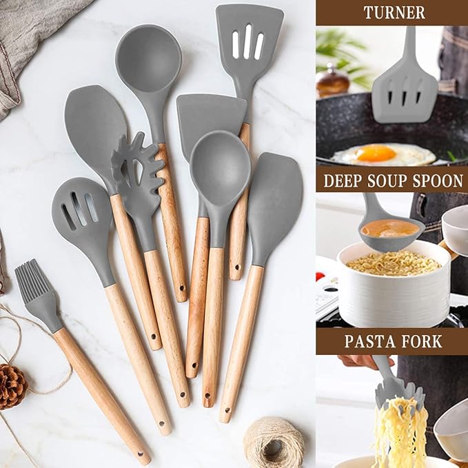 Umite Chef キッチン調理器具33点セット、ノンスティックシリコンヘラセット、ホルダー付き、木製ハンドル、耐熱調理器具(グレー)