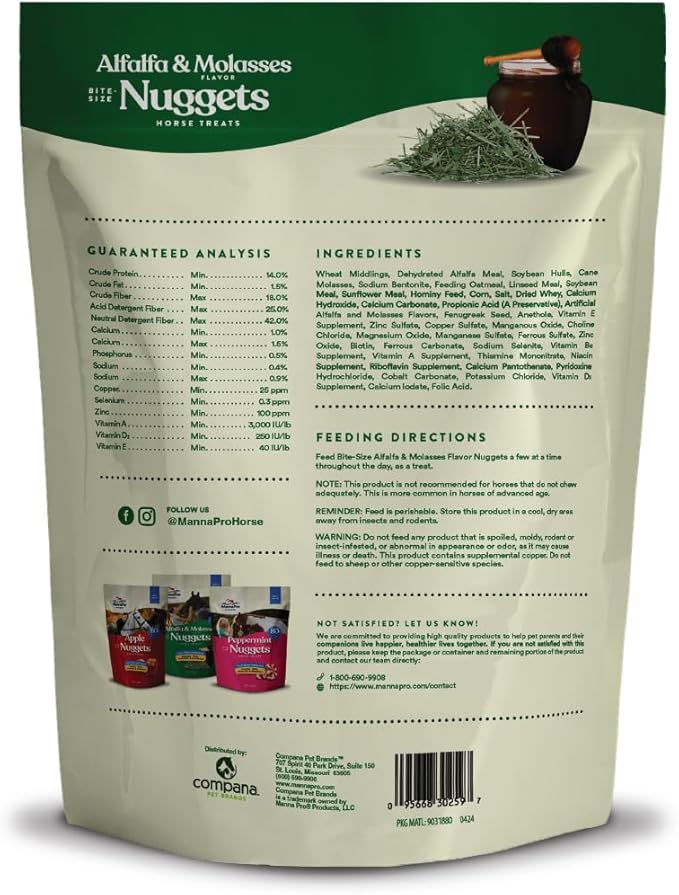 Manna Pro Bite-Size Nuggets Horse Treats, Pocket-Size Training & Reward Treats with Vitamins & Minerals, Alfalfa & Molasses Flavor, 1 lb (Pack of 2)