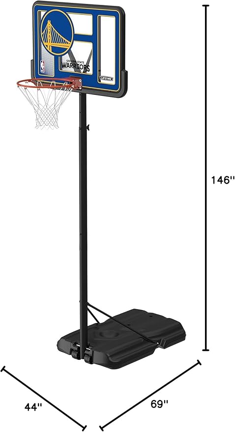 Lifetime NBA Golden State Warriors Portable Basketball Hoop, Adjustable Height 7.5-10 Ft, 44 Inch Shatterproof Fusion Backboard, Base with Wheels