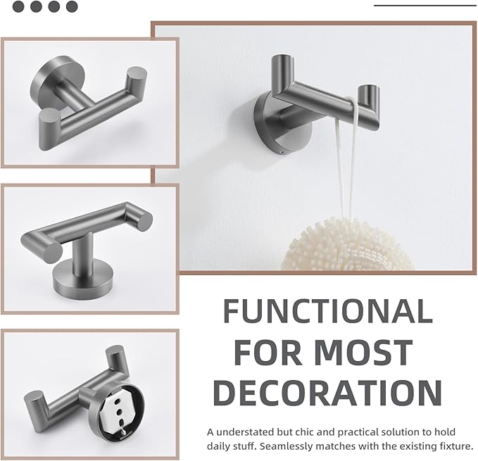 Angle Simple Double Towel Hook, SUS304 Stainless Steel Bathroom Robe Hook for Wall, Hand Towel Holder, Gunmetal Gray