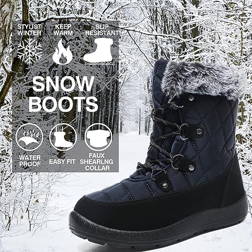 JSWEI Winter Boots for Women - Soft Comfortable Faux Fur Mid Calf Winter Snow Boots Totes Boots Lace up Snow Boots Winter Boots with Insulated Black for Outdoor