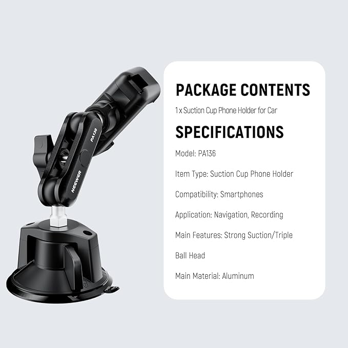 NEEWER Phone Holder for Your Car, 360° Rotating Vacuum Suction Cup Metal Cell Phone Mount Magic Arm Compatible with iPhone Samsung for UTV Windshield Skylight Glass Navigation Video Recording, PA136