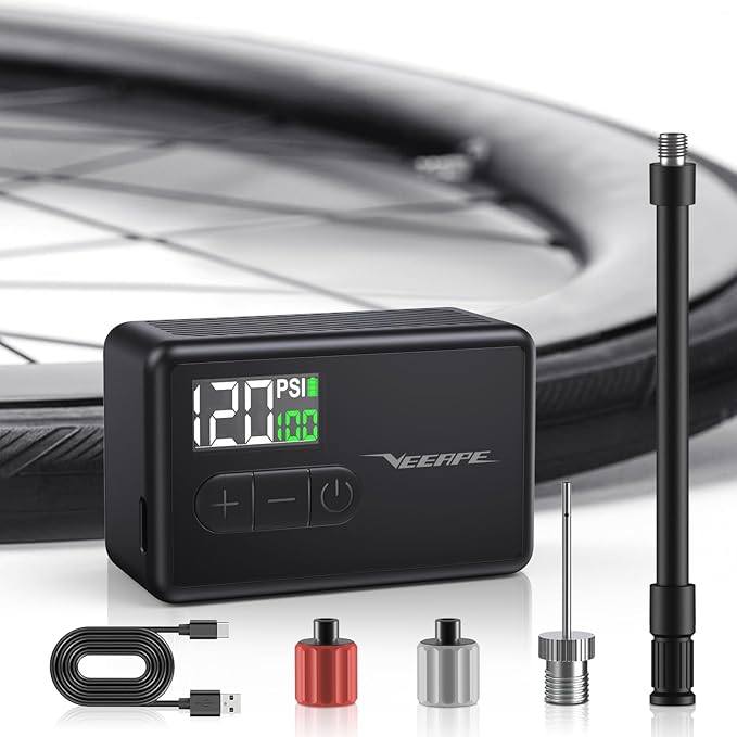 Tiny Pump Mini Bike Tire Pump - Max 120PSI Portable Electric Bicycle Pump with Fast Inflation Auto Stop - Bicycle Inflator with Presta and Schrader Valve for & Various Bicycles Balls E-Bikes