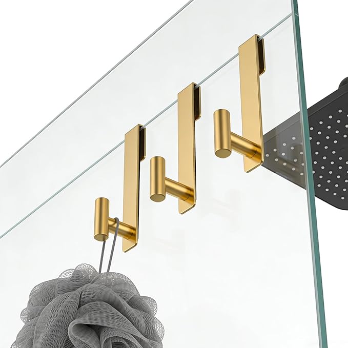 PMMASTO Shower Door Hooks, (7.5 Inch) Extended Towel Hooks for Bathroom Frameless Glass Shower Door, Stainless Steel Heavy Duty Hooks (Gold, T Shape-Fits 3/8" Thick Door)