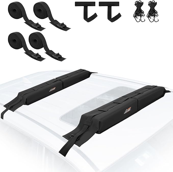 Universal Soft Roof Rack Pads for Kayak SUP Surfboard Snowboard Canoe, Heavy Duty Car Roof Rack System with 2 Tie Down Straps, 4 Quick Loop Straps, 2 Hood Loops, Tie Down Ropes and Storage Bag