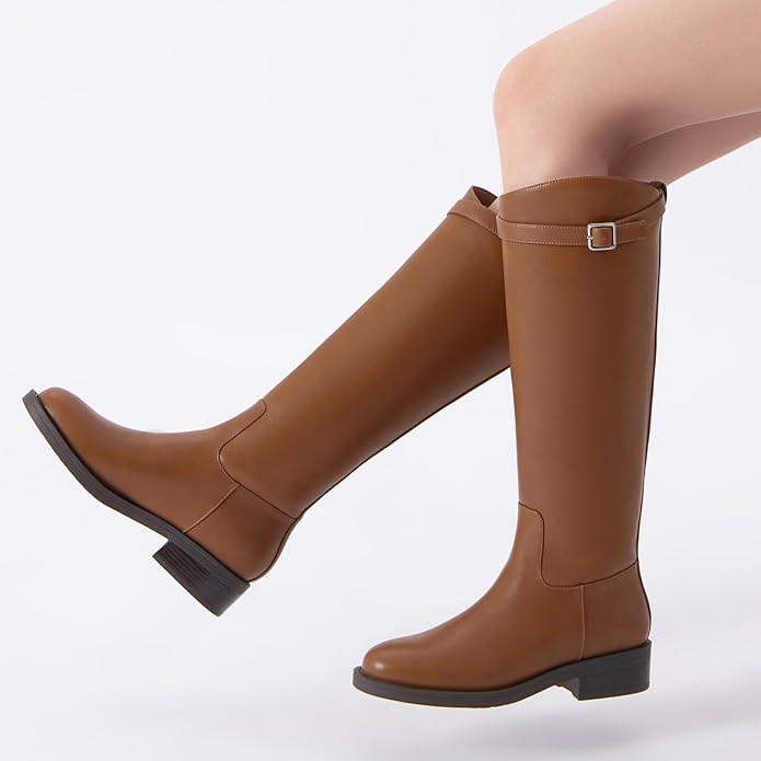 Athlefit Women's Knee High Riding Boots Round Toe Low Heel Tall Boots Pull On Long Booties with Buckle