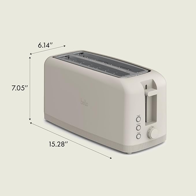 bella 4スライス スリムトースター、Fits-anywhere™ キッチンウェア、6段階の焼き色調節機能、再加熱・取消ボタン付き、サワードウも焼ける10インチのロングスロット、パン詰まり防止・自動電源オフ、900W、オートミール