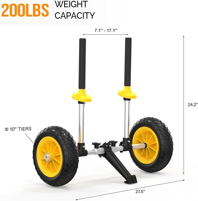 Bonnlo Kayak Trailer, Strap Free Kayak Cart with 10in Kayak Wheels, 7.1"-17.1" Adjustable Width, Detachable Kayak Dolly with Kickstand