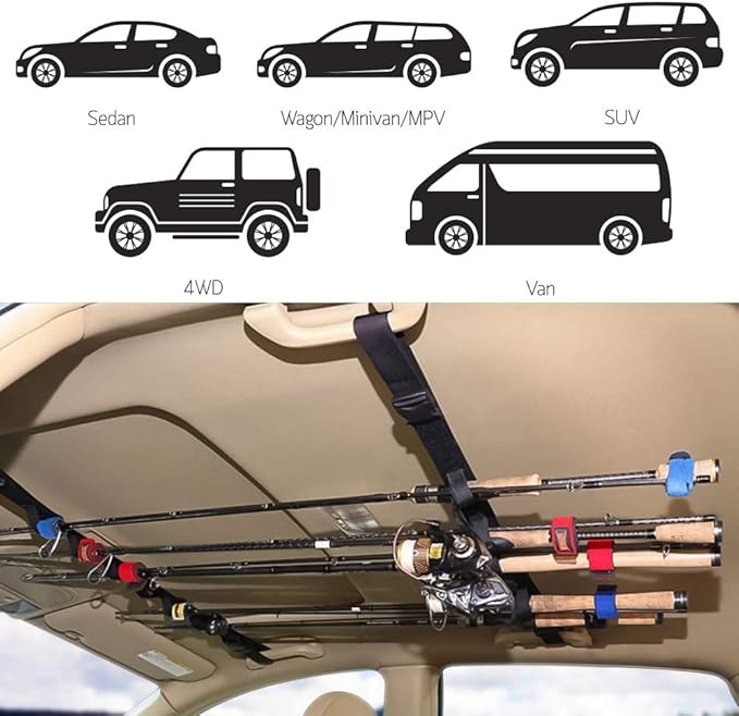 Hysagtek 6 Pcs Vehicle Fishing Rod Rack Kits, Including 2 Pack Car Fishing Rod Holder and 4 Pack Powerful Suction Cups, Adjustable Strap Fishing Pole Holder Carrier Storage Rack
