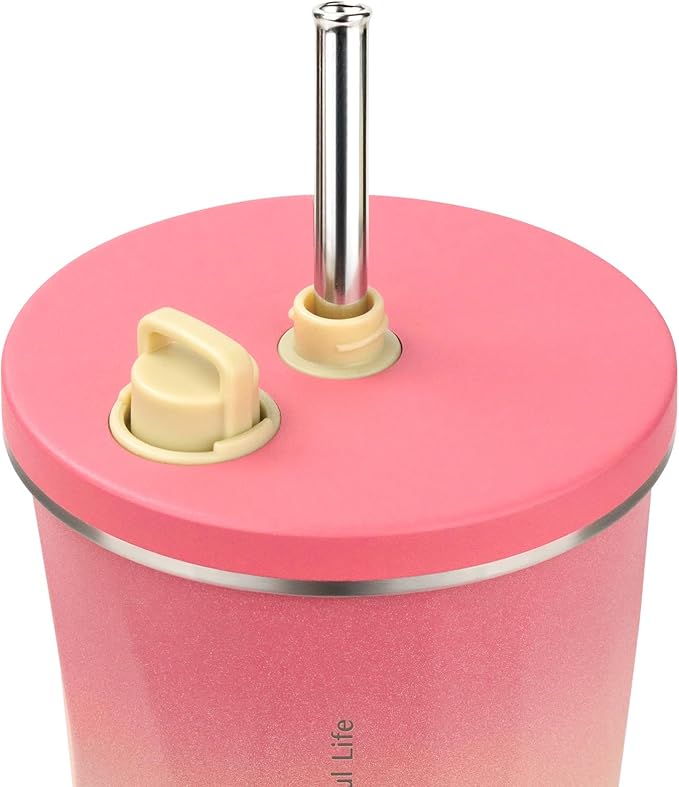 TYESO Stainless Steel Coffee Bottle, 20oz Wide Mouth Travel Coffee Cup with Straw, Vacuum Insulated Stainless Steel Tumbler, Hot & Cold Thermal Mug for Home Office Outdoor, Pink