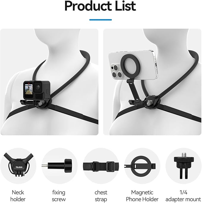TELESIN Neck Mount Se 2.0 Combo Set, Magnetic Phone Holder for iPhone Android, Chest Strap Hand Free POV Video Phone Stand for iPhone 17 16 15 14 13 12 Samsung Android Action Cameras