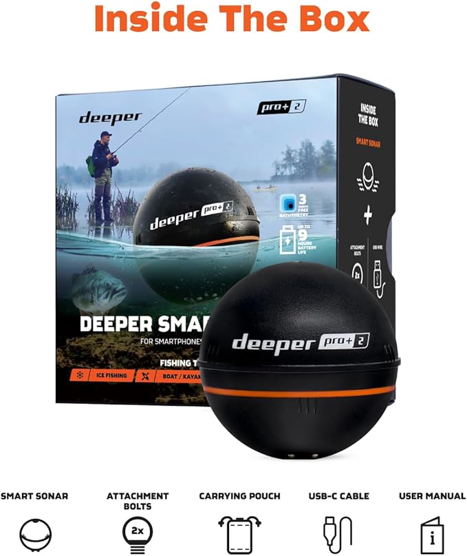 Deeper PRO+ 2 スマートソナー 魚群探知機 - カヤック、ボート、氷上釣りに対応したGPS搭載ポータブル魚群探知機兼深度探知機 | 無料の使いやすいアプリ付きキャスト可能Deeper魚群探知機