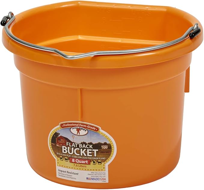Little Giant® Flat Back Plastic Animal Feed Bucket | Animal Feed Bucket with Metal Handle | Horse Stall Feeding and Watering Supplies (Orange, 8 Quart)